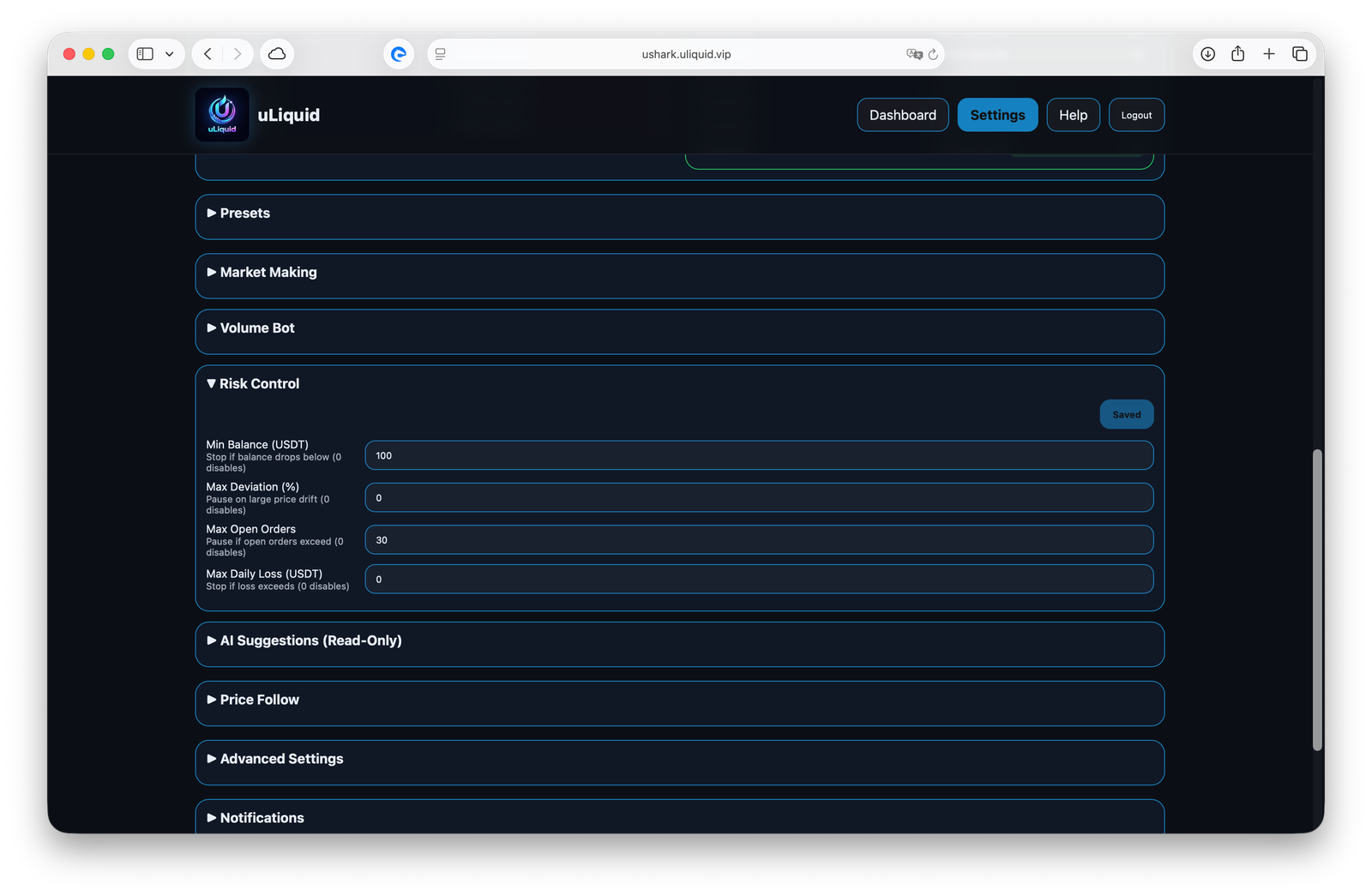 Risk Controls screenshot