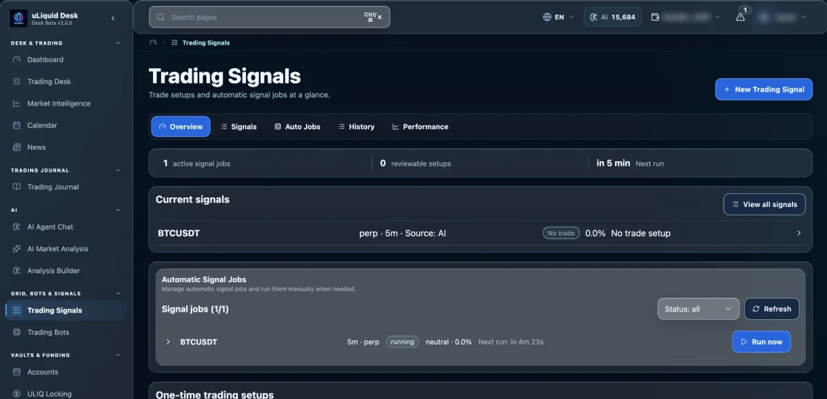 uLiquid Desk Trading Signals overview with one active signal job for BTCUSDT on 5 minutes, a current no-trade result and a run now button.